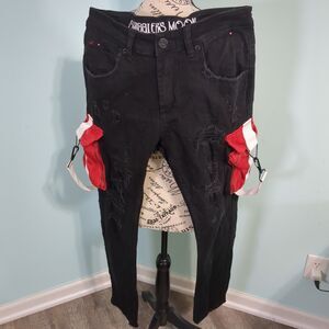 Smugglers Moon Preme Nylon Pocket Cargo Jeans Black Denim Mens 32x32 grunge